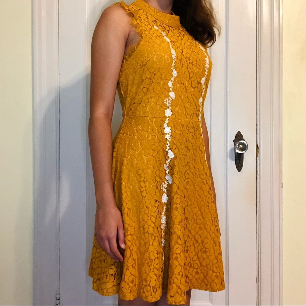 Francesca’s Miami Mustard Yellow Lace Midi Dress